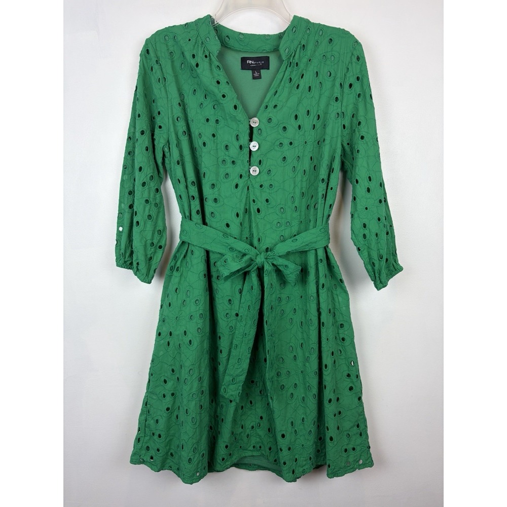 Kelly Green Eyelet Shift Dress Womens Large Belted Lined Career Casual Office